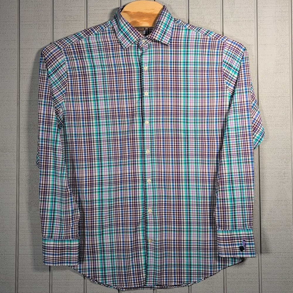 Peter Millar Mens Large Summer Comfort Button Down Plaid LS Shirt - Pelican L - Picture 4 of 12